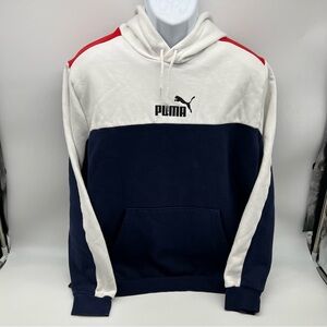 Puma Men's Red, White, and Navy Blue Drawstring Hoodie-Size XL